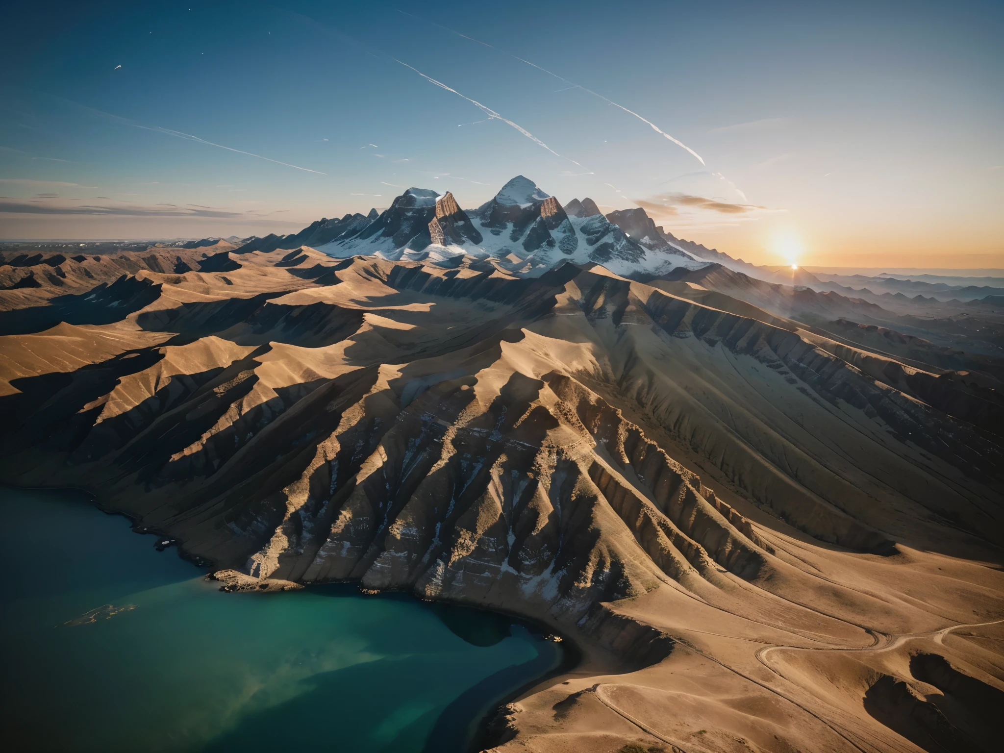((aerial view: 1.5, aerial view: 1.5)), ((view from space: 1.6, of planet Earth at thousands of km epic: 1.6), (hyper detailed: 1.3), ((a beautiful landscape of the land: 1.5)), ((Imaginative scene)), ((meticulously detailed: 1.3)), ((best quality) ), ((masterpiece)), 3D, , (((sunset:1.2))) , (photorealistic:1.4) , ((aerial view:1.5,top view:1.5)), ((Film lighting: 1.2)), 32k.