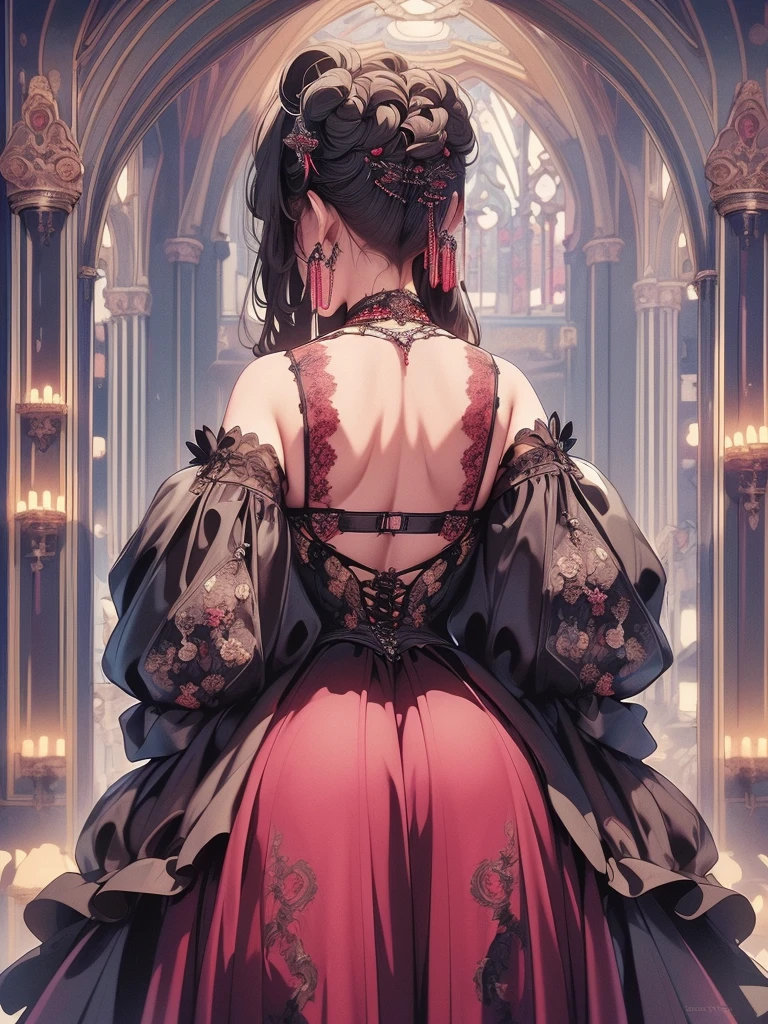 (best quality,4k,8k,highres,masterpiece:1.2),ultra-detailed,(realistic,photorealistic,photo-realistic:1.37),a woman with a large bottom wearing gothic lingerie, back facing the camera, massive gothic cathedral in the background, dark and infernal atmosphere, glowing red lights