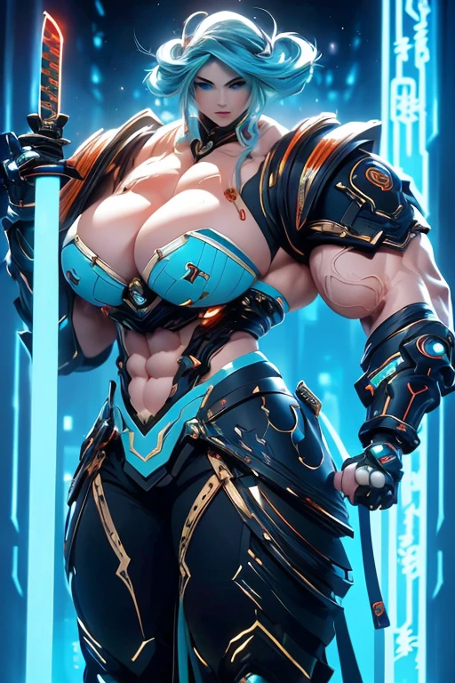 ((((Massive, beautiful, buff, muscular pale white skinned female samurai with cyan hair, black lipstick, ginormous bulky muscles, holding a cyan fire sword and wearing an all cyan cyber samurai armor with pants)))), {close view}, black eyeliner, massive muscles, large ??????, massive biceps, hyper muscle triceps, (long beachy hair), purple eyes, samurai boots, In a futuristic city, sleeveless, steel samurai armor, nighttime, closed smile, hyper muscles arms, hyper muscle legs, ginormous arms