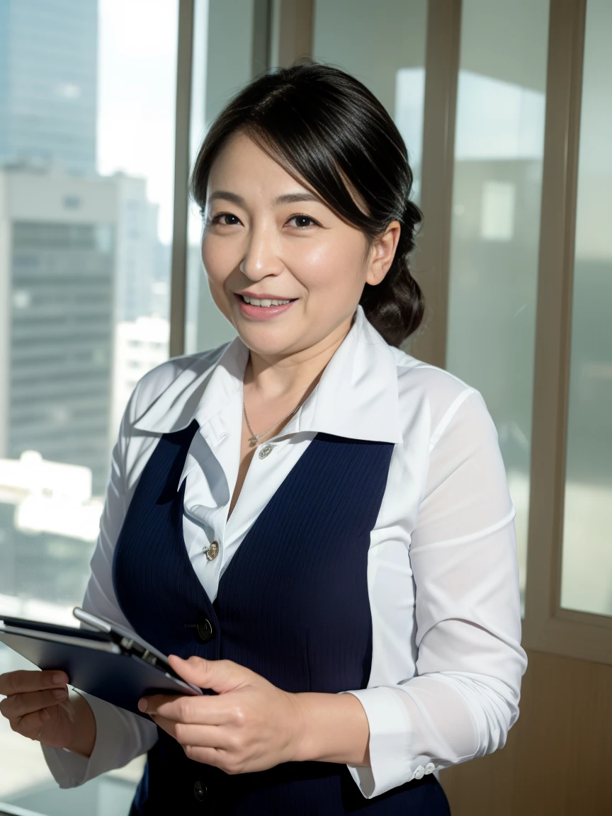 Highest quality、Masterpiece、Realistic、A striking image、Smiling businesswoman using a computer、40 years old、Sweat、Brown Hair、indoor、Very detailed、intrinsical、Fuji 55mm Film
