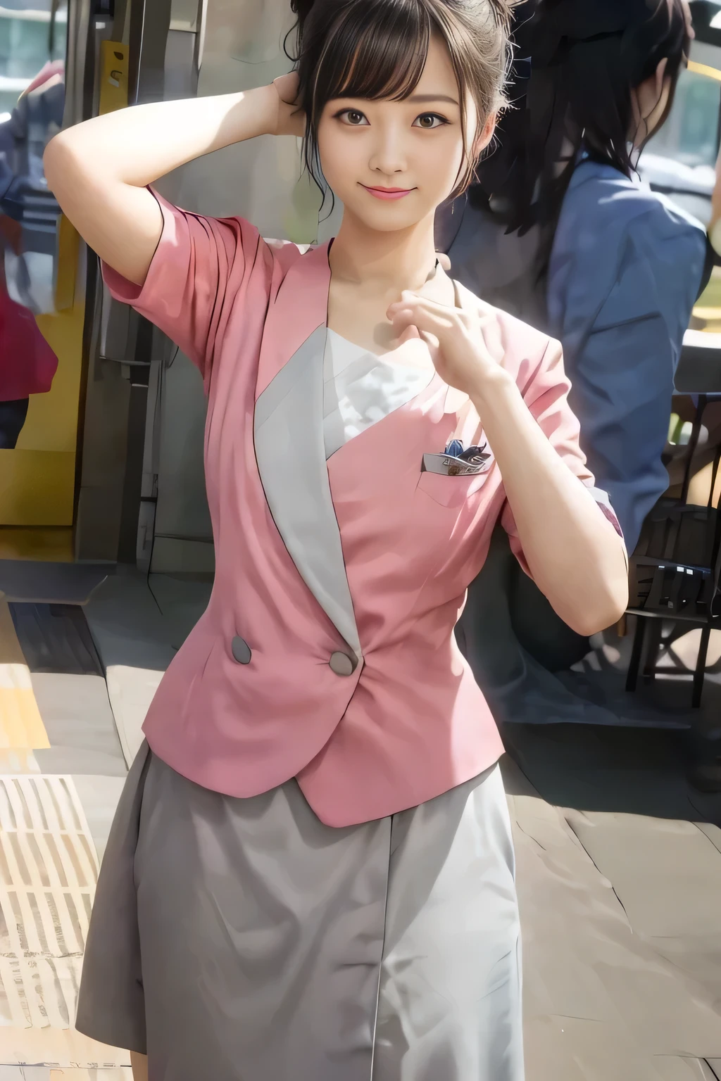 (masterpiece:1.2, highest quality:1.2), 32K HDR, High resolution, (alone、1 girl)、(On the rooftop of a building in the daytime、Professional Lighting)、Building rooftop background、(Nankai train crew uniform pinkを着たリアルスタイル)、(Nankai train crew uniform pink short sleeve pink jacket、Nankai Train Crew Uniform Pink Collarless Short Sleeve Blouse、Nankai Train crew uniform pinkのグレー色のキュロットスカート)、Dark brown hair、(Hair tied up、Hair Bun、Hair Bun)、Dark brown hair、Long Shot、Big Breasts、Thin legs、((Great hands:2.0)),((Harmonious body proportions:1.5)),((Normal limbs:2.0)),((Normal finger:2.0)),((Delicate eyes:2.0)),((Normal eyes:2.0)))、smile、(Nankai Train crew uniform pinkのグレー色のキュロットスカートを見せた美しい立ち姿)、Put your hands down、I have nothing in my hands