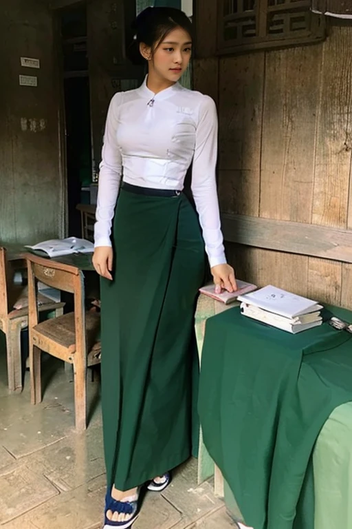 A school teacher is 30years old.Tall, thin, big hips, big breasts, black hair, small lips, brown eyes, attractive, K.Top=white Burmese blouse,With long sleeves,Buttoned at the side.Bottom=(Dark green) long skirt.
Footwear=female Burmese sandals,The hair is knotted bun.