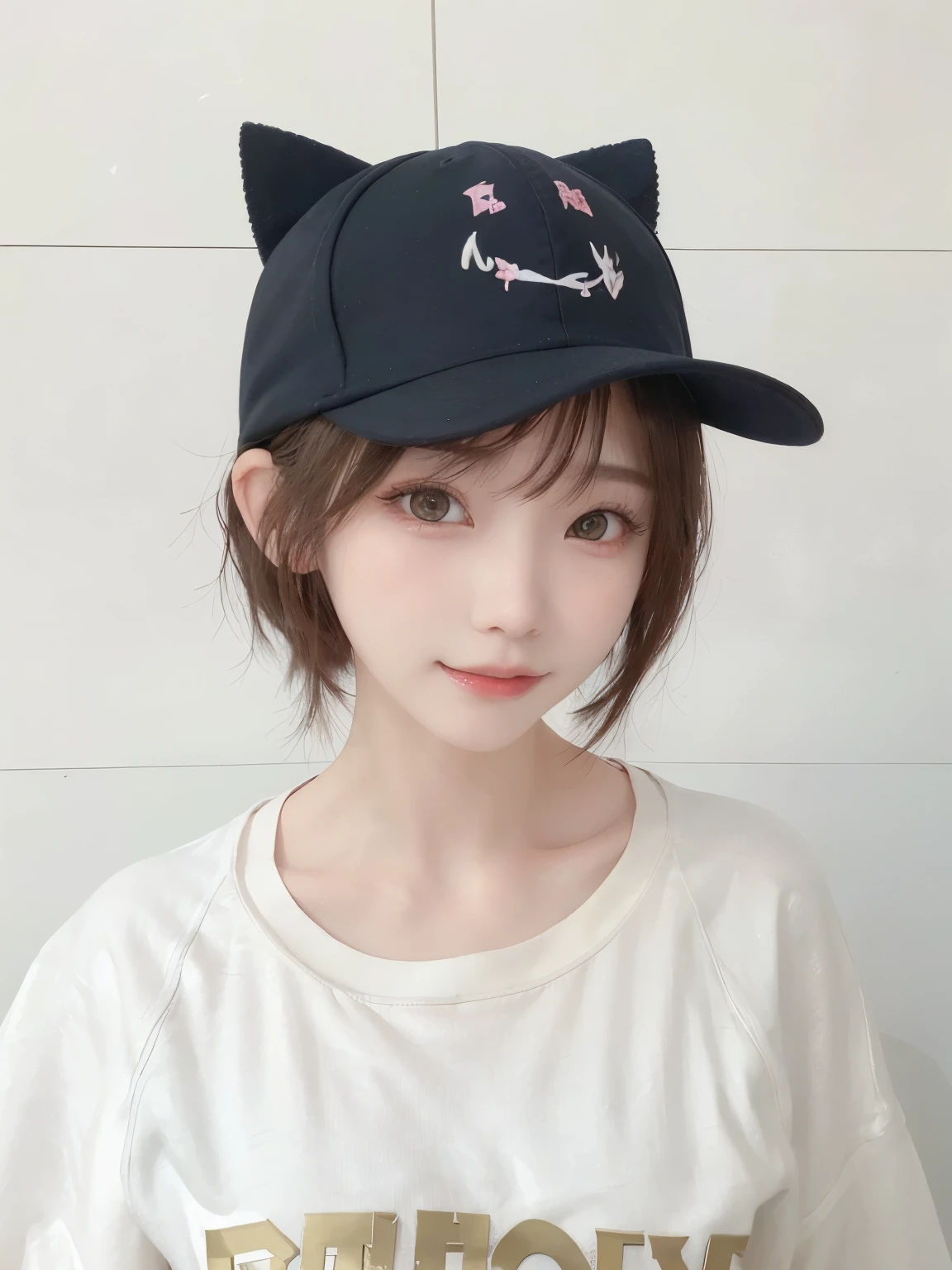 Best image quality、original photo、ultra high resolution、21 years old Korean、small breasts、dynamic angle、Cowboy shooting、The most beautiful form of chaos、elegant、Innovative design、bright colors、,light brown short hair、disheveled hair、light brown eyes 、black baseball cap(Facial expressionSmile)、short bob、Smile、Fair and shiny skin、beautiful eyes，random colors、The details are very beautiful、thin lips、Delicate and beautiful eyes、elongated eyes、Pale pink cheeks、long eyelashes、beautiful double eyelids、eye shadow、he、White Large T-shirt Sweatshirt、baggy pants、Shot from the side、sexy pose、enlarge