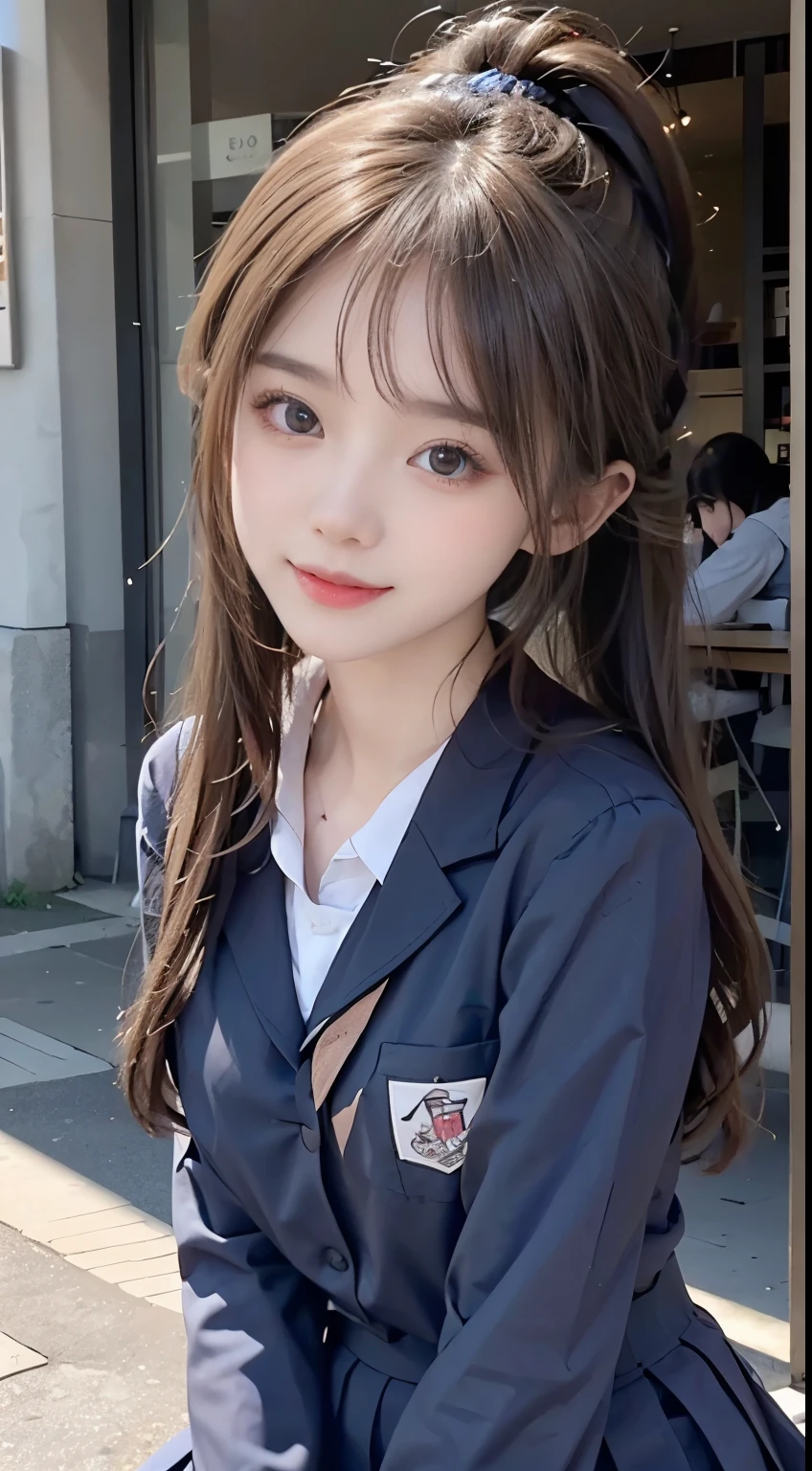 closeup shot , Best picture quality (8K, high resolution, Masterpiece: 1.2), super detailed, 215 Short Hair, 16-year-old woman,
situation: A scene of a high school girl on her way to school。
clothing: School uniform(Sailor suit or blazer)、loafers、rucksack。Hair in twin tails or half-up。
angle: With the sidewalk and station platform in the background、Shot from a little behind。Capture natural scenes of people walking around, looking at their smartphones or talking with friends。It's okay to take a close-up of the moment you get on the train.。
Close-up of face
, random cute pose ,big eyes ,Puffy eyes , Heart Pupil, blush , huge shy smile , salute