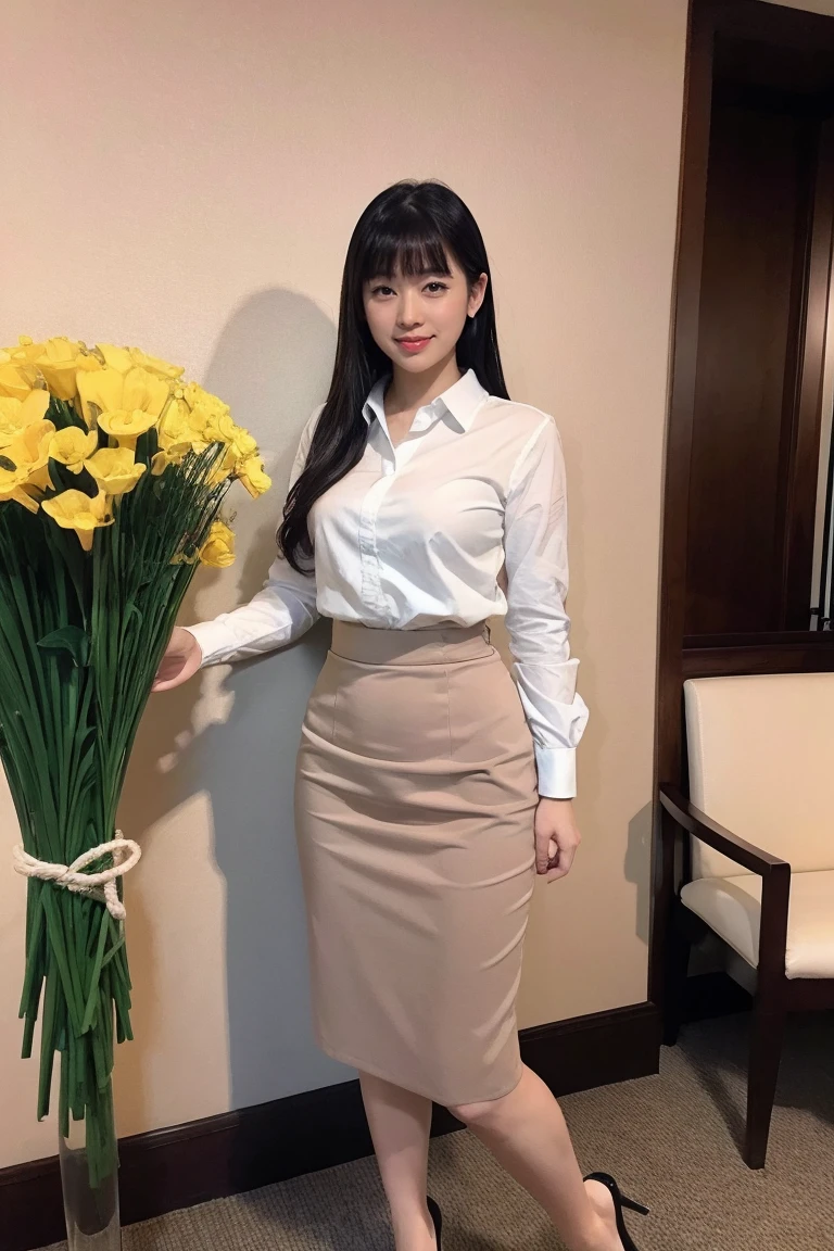 Medium display, Medium Shot, Written boundary depth, Photograph the whole body, Movie angle, masterpiece, highest quality, Very detailed, CG, 8k wallpaper, Beautiful Face, Delicate eyes, Otome, alone, smile, bangs, have,Business Blouse,Business Skirt、 bouquet、High heels