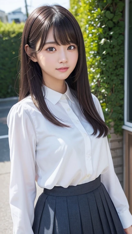 8K、Detailed Description、Very high definition、Realistic、reality的、Real、live-action、reality、High resolution、Nogizaka46、japanese idol,beautiful girl、21 years old、Dark brown eyes、sunny、summer、blue sky、In town、Are standing、Back view、look back、smile,closed mouth,cropped shirt,pleated skirt, forehead,silky hair,Straight Hair、light smile,closed mouth,,arm behind back,Knee-up-top angle of view、Back view、look back、Very black hair、pretty girl、Beauty、Glowing Skin、Glowing Skin、Shiny Hair、Hair blowing in the wind、Very white skin、Heavy makeup、Large Breasts、Slit eyes、Big Eyes、Dark brown eyes、Double eyelids、Don't show your teeth、Hang the bag over your shoulder
