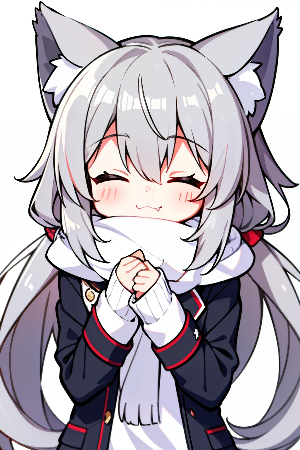 Masterpiece, Excellent, 1girl, gray hair, medium long hair, cat ears, closed eyes, looking at the audience, :3, cute, scarf, jacket, white background, fang, high quality, UHD