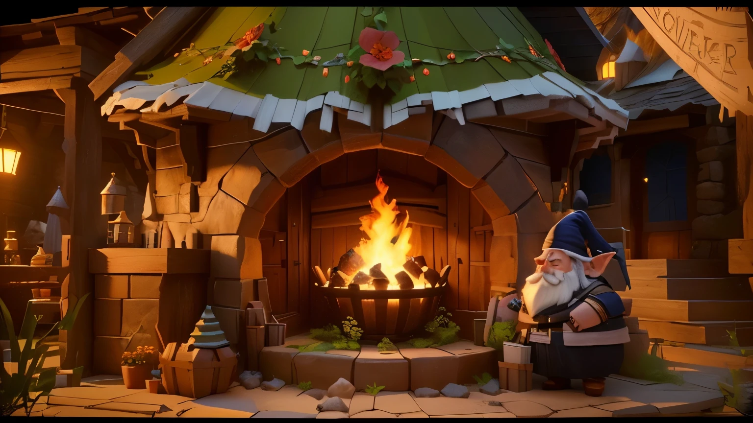 there is a lareira with a bunch of gnomes around it, cosy lareira, in fantasy tavern near lareira, warm lareira, lareira rugindo, renderizado no motor irreal, lareira, Oficina do Papai Noel, renderizado no Unreal Engine, renderizado em irrealengine, ambiente aconchegante, Stylized 3D rendering, Stylized 3D rendering, fogo crepitante, rendered in cinema 4 d