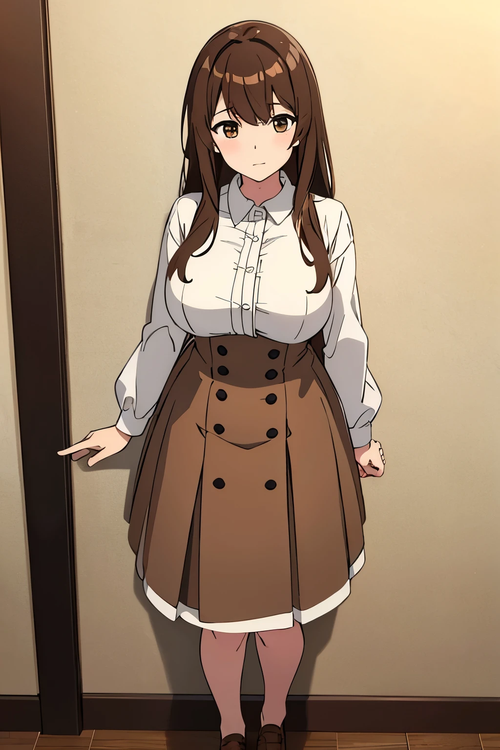 highest quality、masterpiece、Full body portrait、Big Tits、Brown Hair、National costume、White blouse、Brown Skirt