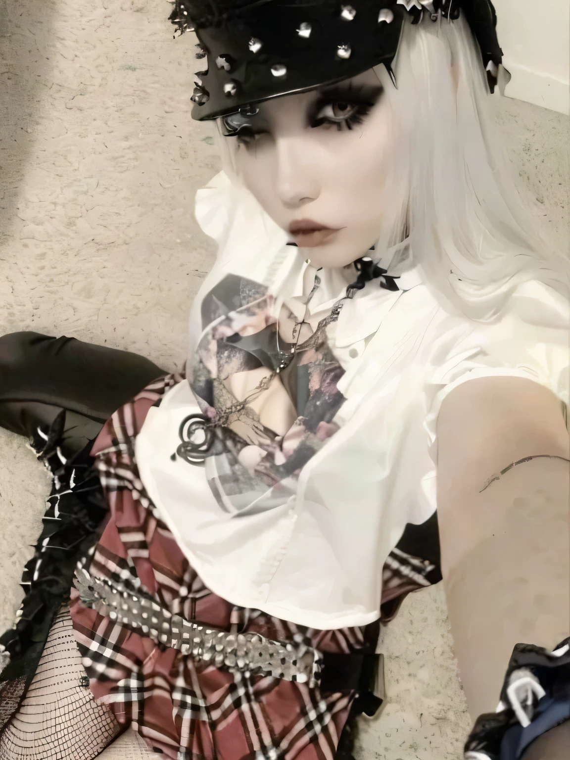 araffe girl with white hair and black hat sitting on the floor, vestido com roupas crustpunk, cruel korean goth girl, vestido com roupas punk, wearing a roupa punk, 1 7 year old goth girl, 1 7 Year Old Goth Anime Girl, goth girl aesthetic, cybergothic, vestindo roupas punk, roupa punk, punk gothic clothes