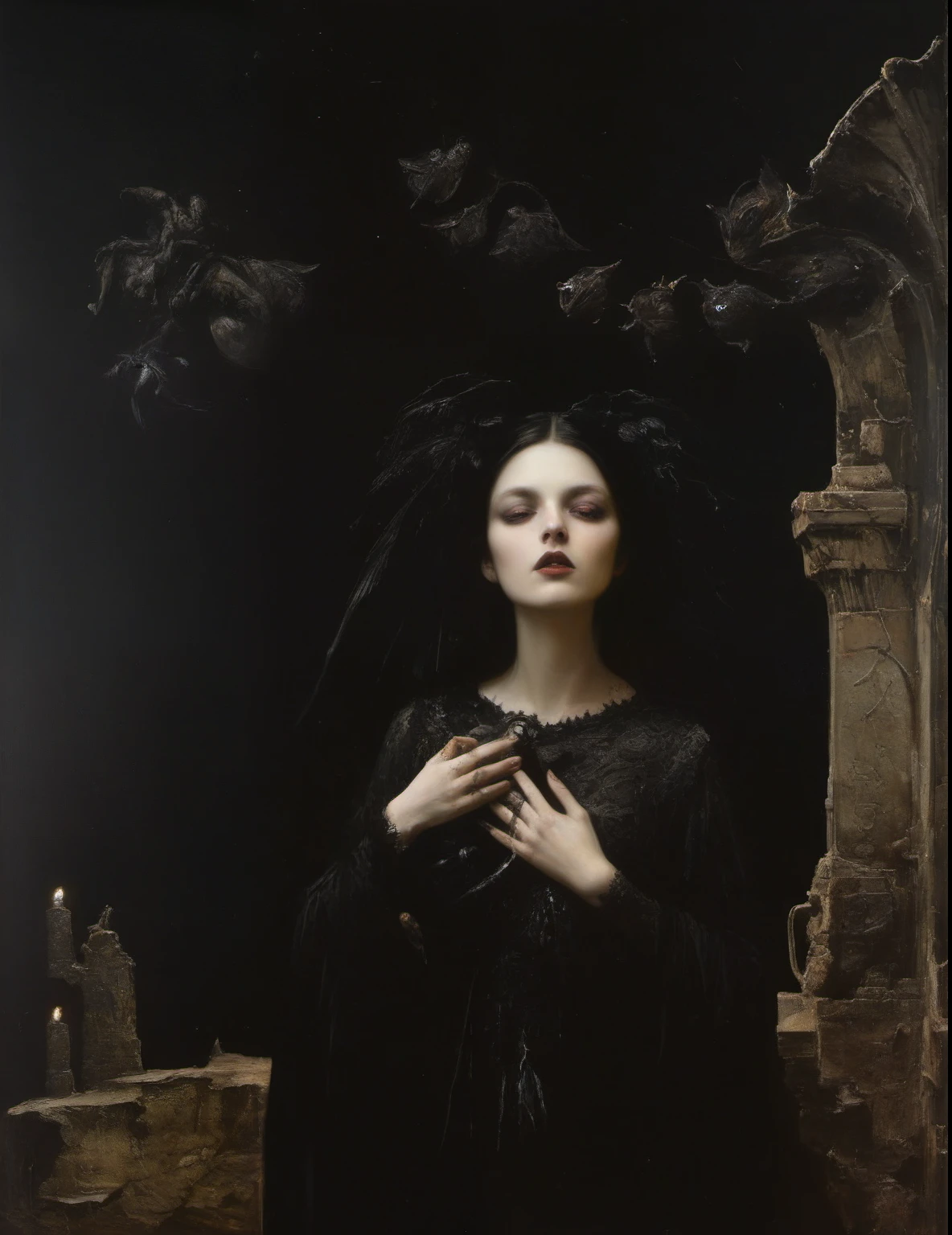 James Gurney, Surrealist art , dream-like, Mysterious, Provocative, symbolic, Complex, detailed,, (Gothic but very beautiful:1.4), (masterpiece, highest quality:1.4) , Nicola Samori Style, I