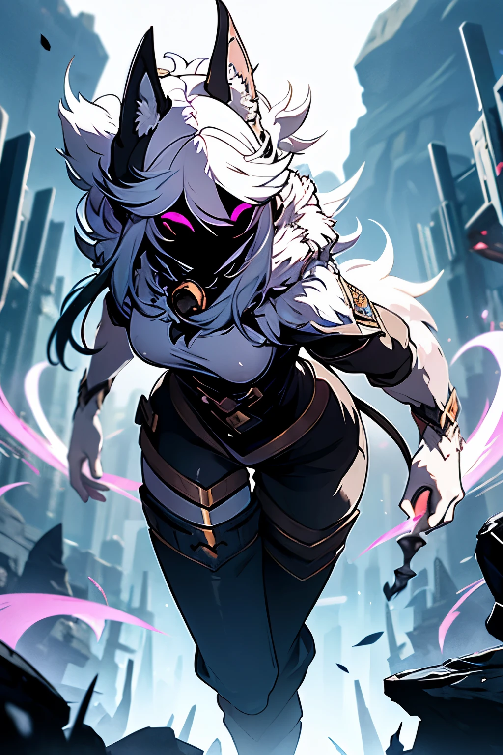 White hair, ethereal aura, serenity, wielded bow, light garments, spectral wolf, fierce nature, visual duality, soul hunters, smooth transition, agile posture, intense expression, light tones, dark tones, black facial mask.