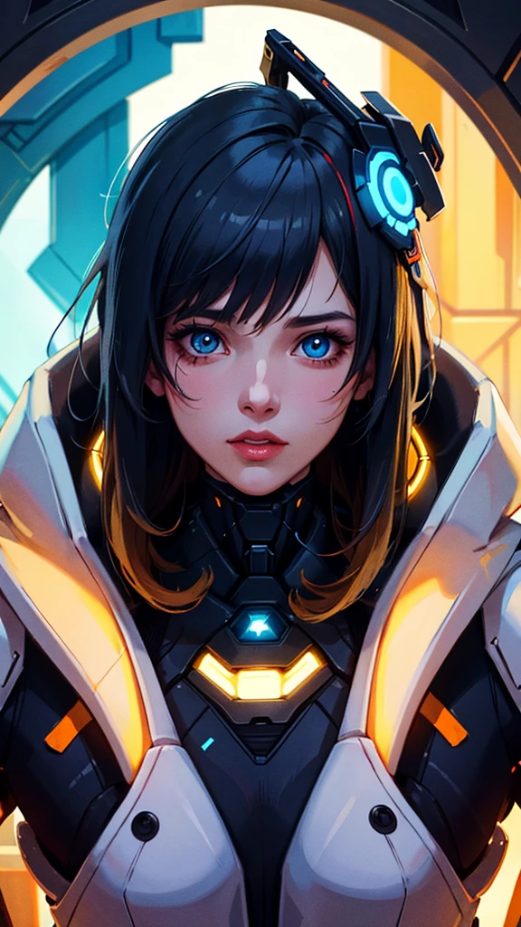 a woman in a futuristic outfit with a futuristic helmet and a futuristic sword, beautiful detailed eyes, beautiful detailed lips, extremely detailed eyes and face, long eyelashes, futuristic cyborg, mecha cyber armor, beautiful cyborg priestess, portrait, concept art, digital painting, intricate details, highly detailed, realistic, photorealistic, masterpiece, 8k, hyperrealistic, chiaroscuro lighting, cinematic lighting, dramatic lighting, glowing neon lights, vibrant colors, neon colors, retro-futuristic, sci-fi, cyberpunk, trending on cgstation, trending at cgstation, game cg, cgsociety, fenghua zhong