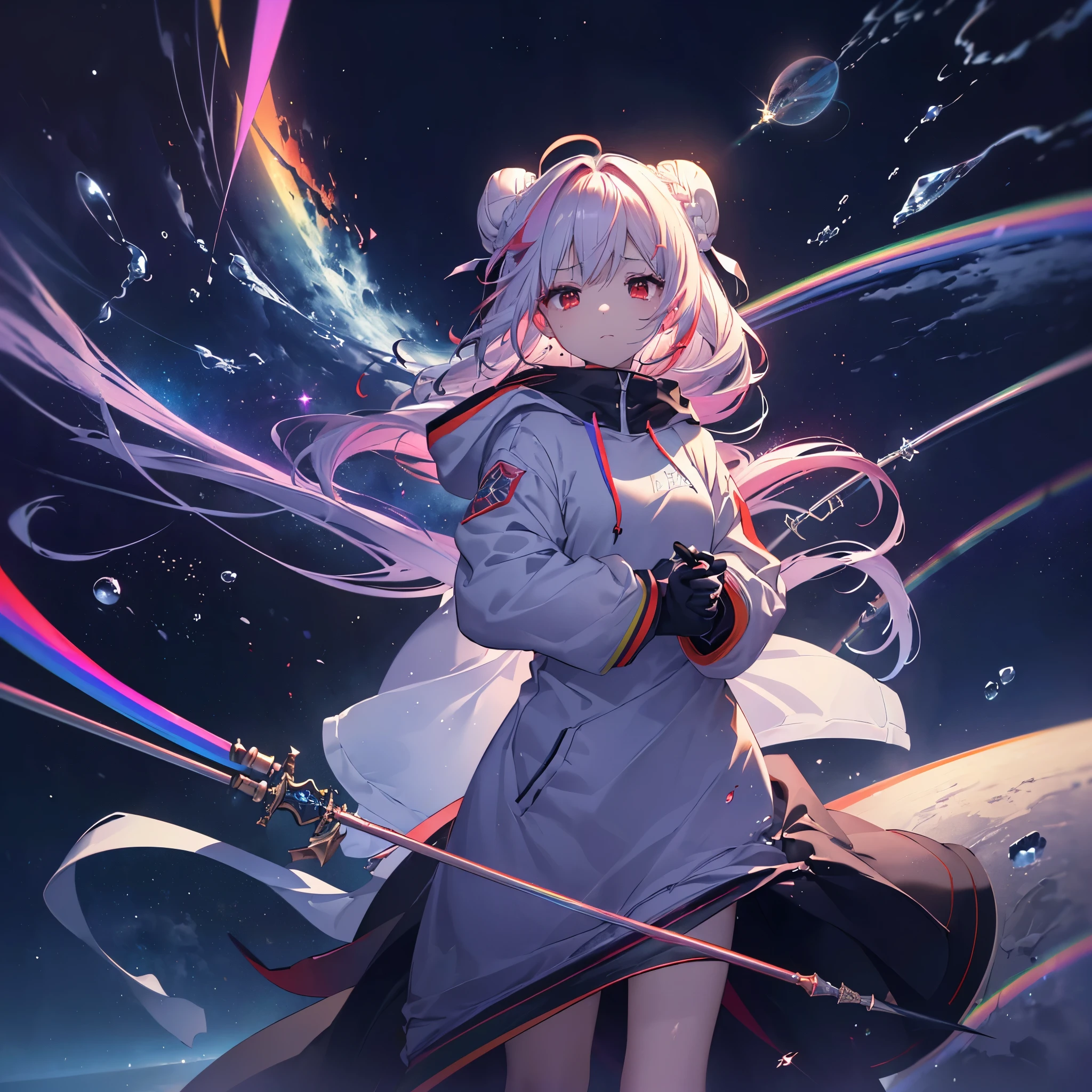 (((Hold a rapier long))) ((Fantasy Rainbow Hair long髪 Bun Hair Dull red eyes High Neck Hoodie Mouth is covered by clothing Put on a coat without putting your arms through it Lonely despair)) ((tears gloves)) (Broken glass Distorted Space-Time star moon) Catch the wind Shining Background Particles of light, Shining Edge