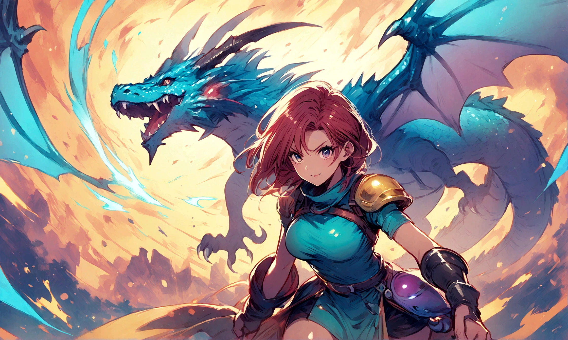 Woman 1,Woman warrior,Dragon Quest 3,POP Illustration,background with dragon