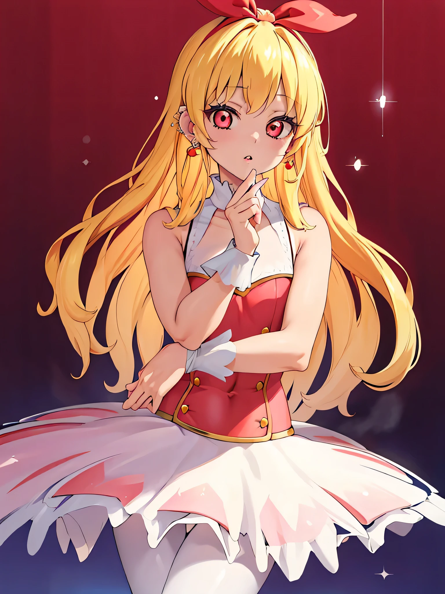 masterpiece, best quality, highres, hosimiya ichigo, 1girl, blonde hair, long hair, swept bangs, gradient hair, red eyes, jewelry, earrings, piercing, glossy lips, ballerina, sleeveless leotard, tutu, pantyhose, 
