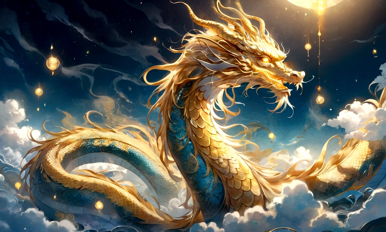 A golden dragon god, gentle gaze, fantastic background, moonlight background, sea of ​​clouds background, golden splashes, mysterious, divine light, mythical creature, traditional Chinese dragon, myth, speckled light, hazy haze, mysterious aura, masterpiece, fantastic, elegant dragon, good fortune, fantasy art