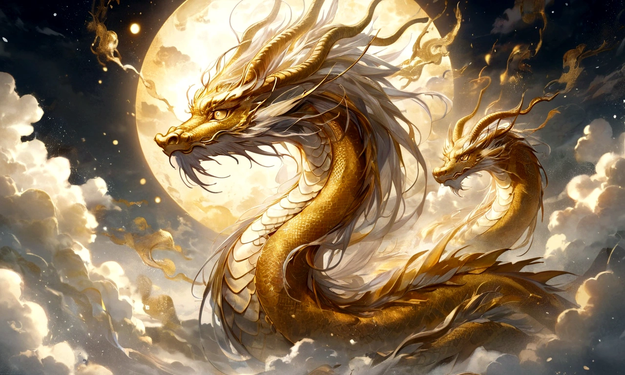 A golden dragon god, gentle gaze, fantastic background, moonlight background, sea of clouds background, golden splashes, mysterious, divine light, mythical creature, traditional Chinese dragon, myth, speckled light, hazy haze, mysterious aura, masterpiece, fantastic, elegant dragon, good fortune, fantasy art