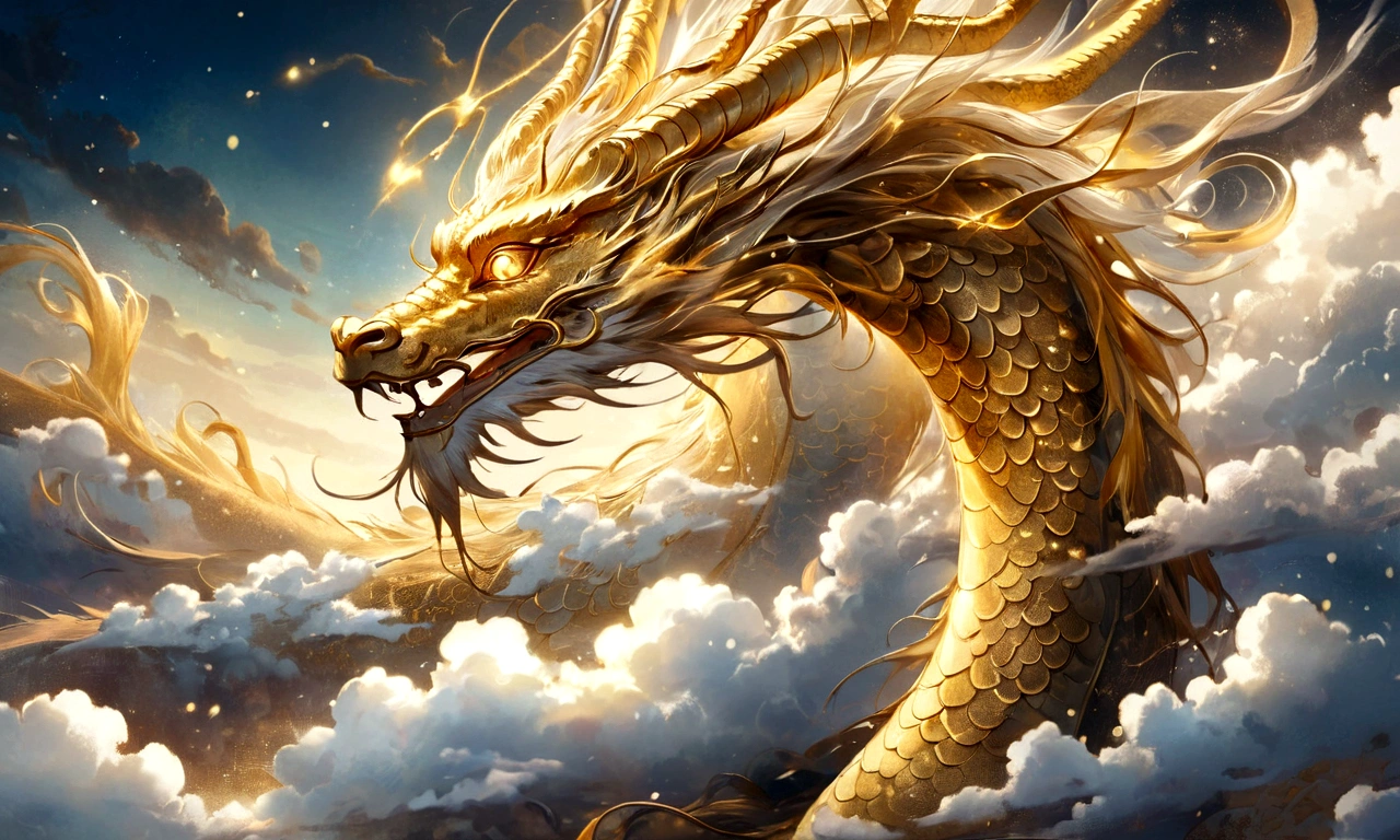 A golden dragon god, gentle gaze, fantastic background, moonlight background, sea of clouds background, golden splashes, mysterious, divine light, mythical creature, traditional Chinese dragon, myth, speckled light, hazy haze, mysterious aura, masterpiece, fantastic, elegant dragon, good fortune, fantasy art