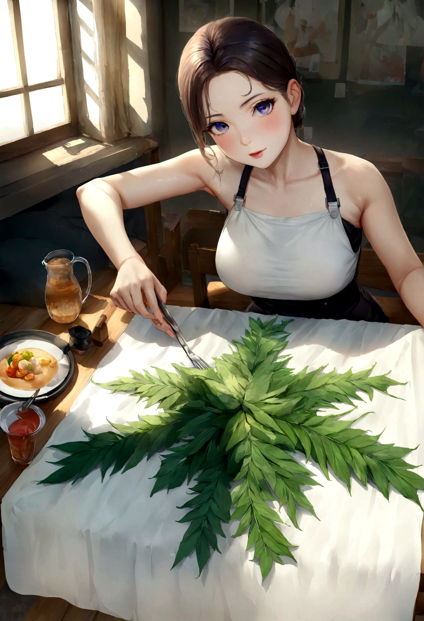 Create a female character in anime form using black panties, holding a small plate to cover her breasts, with the writing Aldo tattoo artist