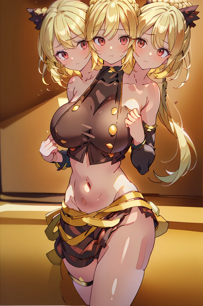 (masterpiece, best quality), best quality, (ultra-detailed), (3heads:1.5), 1girl, (yamame kurodani:1.3), masterpiece, best quality, ultra quality, ultra resolution, ultra detail, black and brown top, crop top, ((stomach)), midriff, ((groin)), brownish-black skirt, normal ears, shackles, blonde hair, very long hair, wavy hair, tied to a bun, brown eyes, very detailed eyes, parted lips, blonde, sweat, cute, toned belly, hand on own chest, eyelashes, (24 year old woman:1.3), (masterpiece:1.5), (best quality:1.5), (beautiful detailed), extremely detailed CG, extremely delicate and beautiful, depth of field, (finely detailed face), (perfect details:1.3), (mature female:1.3), wide pelvis, slender, large veiny breast, 16k resolution, highres, high quality, high definition, extremely detailed, masterpiece, blonde hair, long hair, alluring presence, braid, short skirt, close up, big tits, young, blonde,