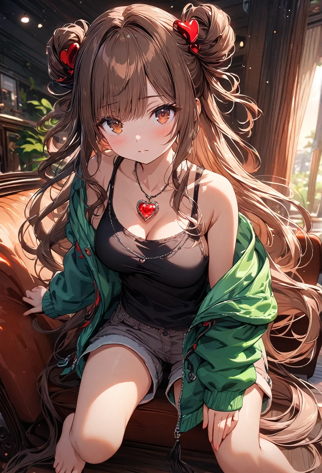 (best quality, top details, high quality, detailed, highest quality, 4k, 8k resolution, highres, ultra fine painting, masterpiece:1.2), digital art, 8k CG wallpaper, CG, detailed background, high resolution, epic lighting, RAW photo, POV shot, sharp focus, HDR, UHD, professional photography, good lighting, soft light, soft colors, looking at viewer, detailed lights and shadows, niji style, stylish, ultra, ultra-detailed, trending art, master crafted, blurry background, pose, (top quality, details), solo, 1 girl, a nervous girl, (medium breasts:1.2), tight bust, flushtered, nice hips, nice body, casual, innocent teen, (cute, slim, nervous face), brown hair, long flowing hair, twin buns hairstyle, long bangs, (long hair), middle hair bangs, brown eyes, full body, ((black string tanktop:1.2), off shoulder green open hoodie, shorts, one big red gem heart necklace), couch