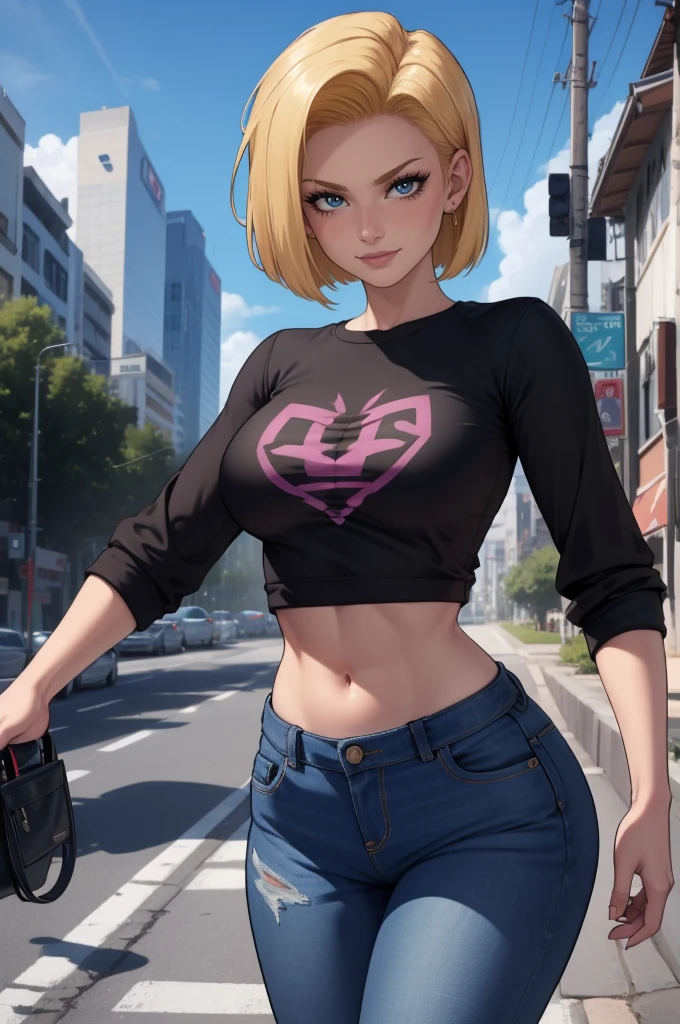 android 18 estilo, 8K, HDR, motor ureal, ultra qualidade, seios grandes Mulher bonita cabelo loiro, sentado de pernas cruzadas, roupas, Seios longos, detalhado , cabelo loiro, corpo, saia short jeans, calcinha preta, blusa preta