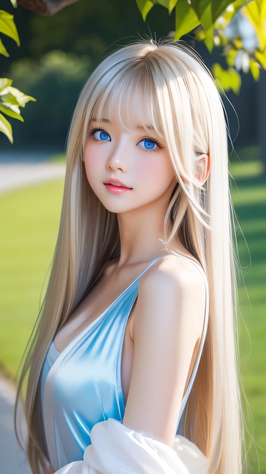 Shiny, clear, white skin、Windy hair gets in the way of a pretty face、Colossal、20 years old cute sexy little beautiful face、Beautiful straight hair that stands out、grow, Light blue eyes、Cute long silky bangs covering her eyes, Sexy face hiding hair super long hair sexy cute young woman long natural blonde shiny glossy hair