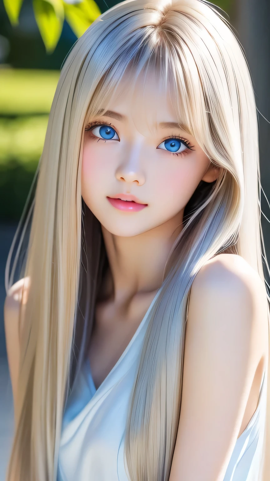 Shiny, clear, white skin、Windy hair gets in the way of a pretty face、Colossal、20 years old cute sexy little beautiful face、Beautiful straight hair that stands out、grow, Light blue eyes、Cute long silky bangs covering her eyes, Sexy face hiding hair super long hair sexy cute young woman long natural blonde shiny glossy hair