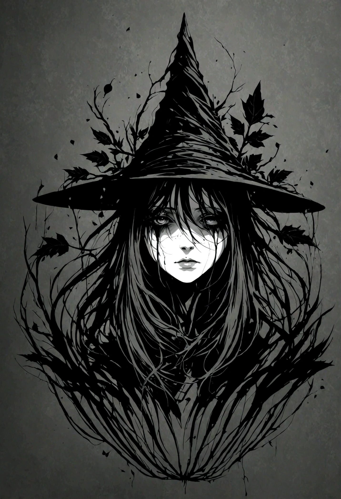 Create a simple and elegant plant witch logo,nature, shedding niobium tears. The design should convey a strong sense of sadness and melancholy, using a minimalist approach with clear ugly lines and using only deep matte black, nicola samori,ben templsmith,Irina Yermolova