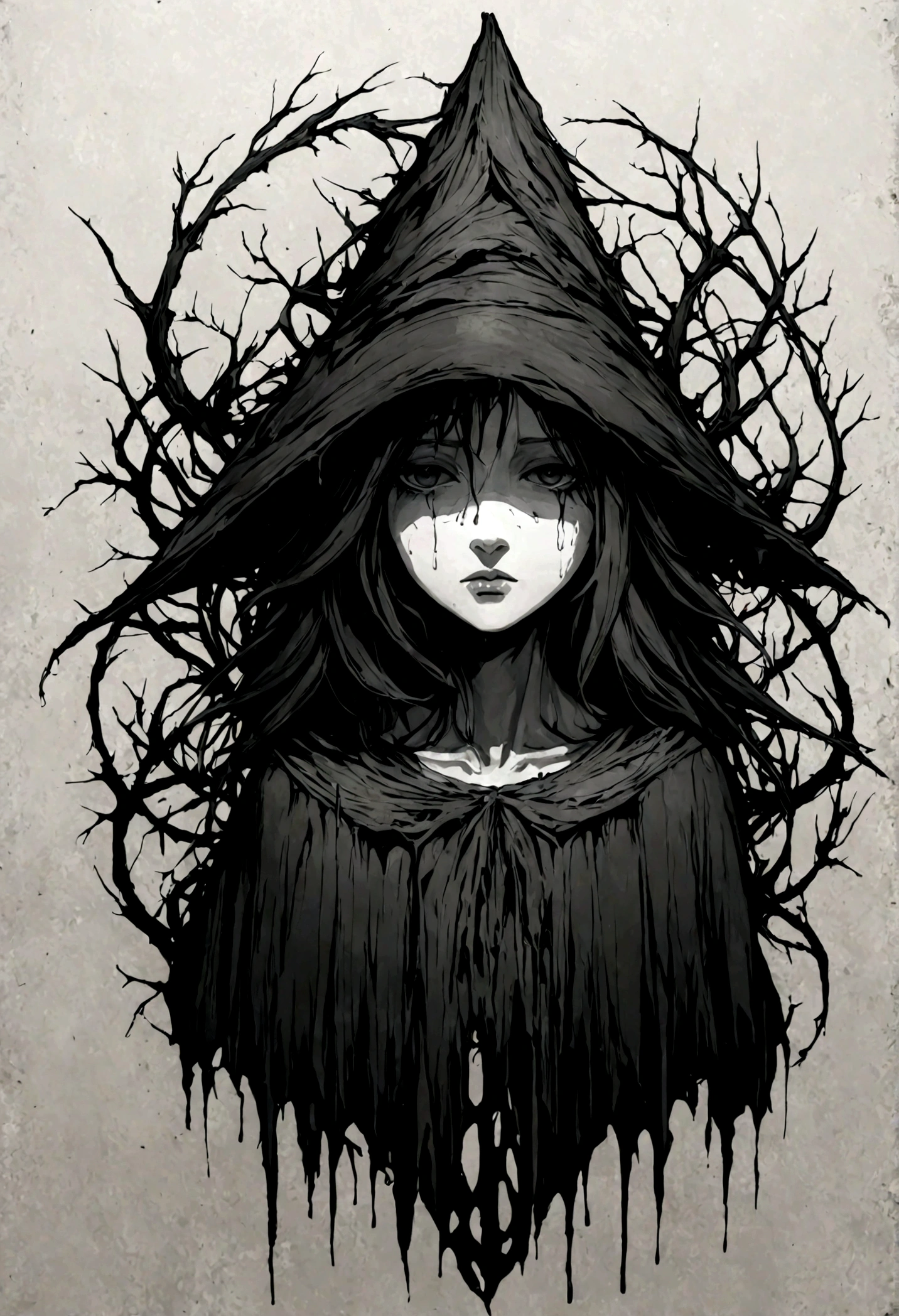 Create a simple and elegant plant witch logo,nature, shedding niobium tears. The design should convey a strong sense of sadness and melancholy, using a minimalist approach with clear ugly lines and using only deep matte black, nicola samori,ben templsmith,Irina Yermolova