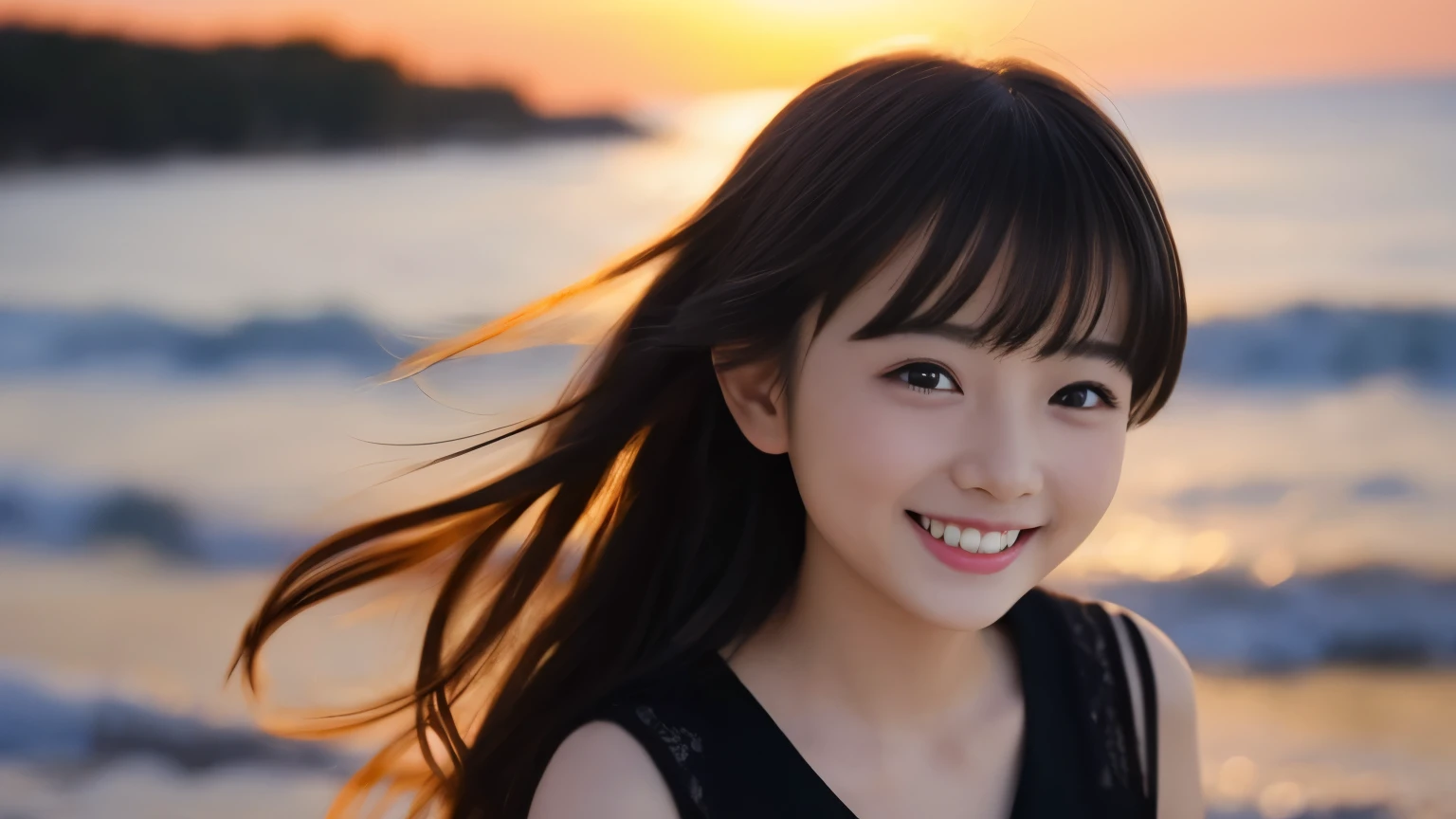 Only one girl、((Perfect body)))、(masterpiece)、((highest quality))、(Ultra-detailed)、((Very delicate and beautiful))、(((Very shallow depth of field)))、Hmph，(((Unbelievably absurd)))、((Perfect body)))、(((Black-haired)))、(((Shortcuts)))、(Okayasu Hair)、(((Looking into the camera)))、(((Big Breasts)))、(((The best smile that makes you happy)))、Camisole dress、big+background、Dynamic Angle、Female focus、{Particles of light}、细致background、((Paul Hedley)))、Soft lighting、(ドラマチックなsunset)、sunset、Very beautiful sunset、Live Action、Realistic、Top view、Cute Smile、(backgroundがぼやけている)、、Are thin、((Wind))、(((Movement)))、(((Emotional)))、((colorful))、((Baby Face))、((Beautiful Teeth)) 、Flare、海のbackground