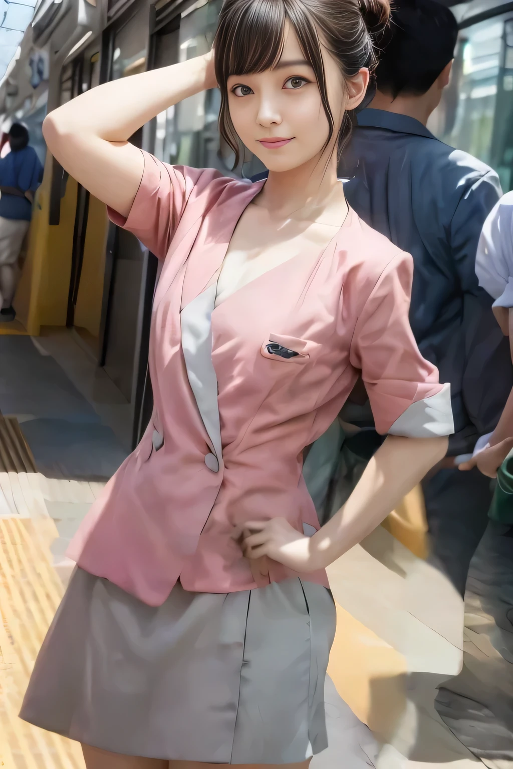 (masterpiece:1.2, highest quality:1.2), 32K HDR, High resolution, (alone、1 girl)、(On the rooftop of a building in the daytime、Professional Lighting)、Building rooftop background、(Nankai train crew uniform pinkを着たリアルスタイル)、(Nankai train crew uniform pink short sleeve pink jacket、Nankai Train Crew Uniform Pink Collarless Short Sleeve Blouse、Nankai Train crew uniform pinkのグレー色のキュロットスカート)、Dark brown hair、(Hair tied up、Hair Bun、Hair Bun)、Dark brown hair、Long Shot、Big Breasts、Thin legs、((Great hands:2.0)),((Harmonious body proportions:1.5)),((Normal limbs:2.0)),((Normal finger:2.0)),((Delicate eyes:2.0)),((Normal eyes:2.0)))、smile、(Nankai Train crew uniform pinkのグレー色のキュロットスカートを見せた美しい立ち姿)、Put your hands down、I have nothing in my hands
