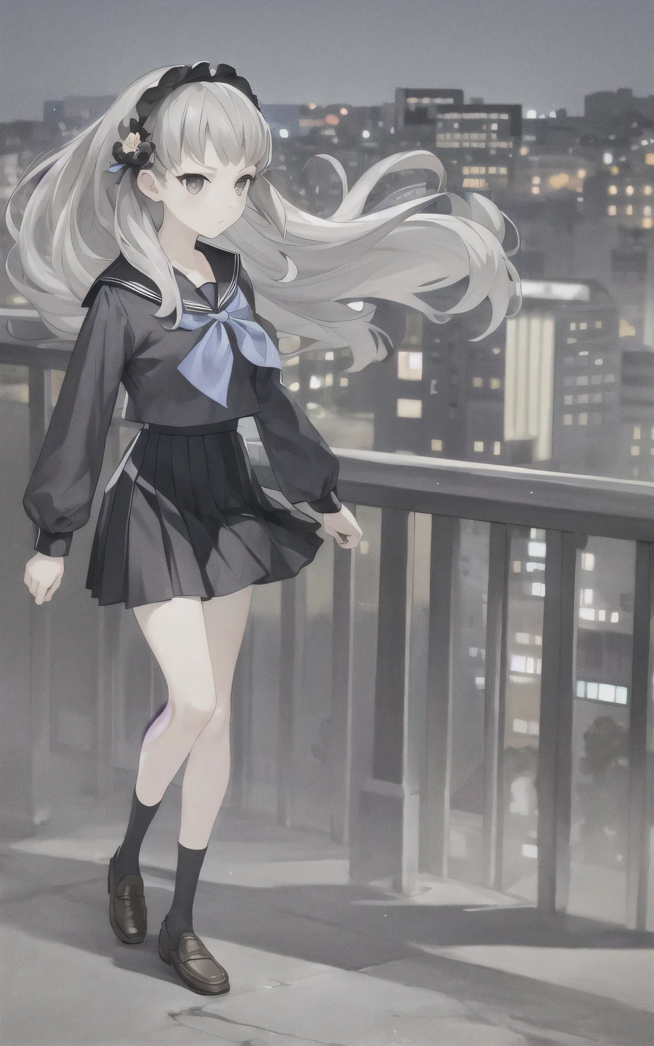masterpiece, best quality,Iori Fuyusaka 1, 1 woman, alone, hair flower, , headdress, flower, skirt, long hair, socks, serafuku, shoes, knee high, whole body, loafers, pleated skirt, black socks, black skirt, gray hair, white flower, standing, gray eyes, outline, arms back, long sleeves, looking at viewer, Highly detailed city background