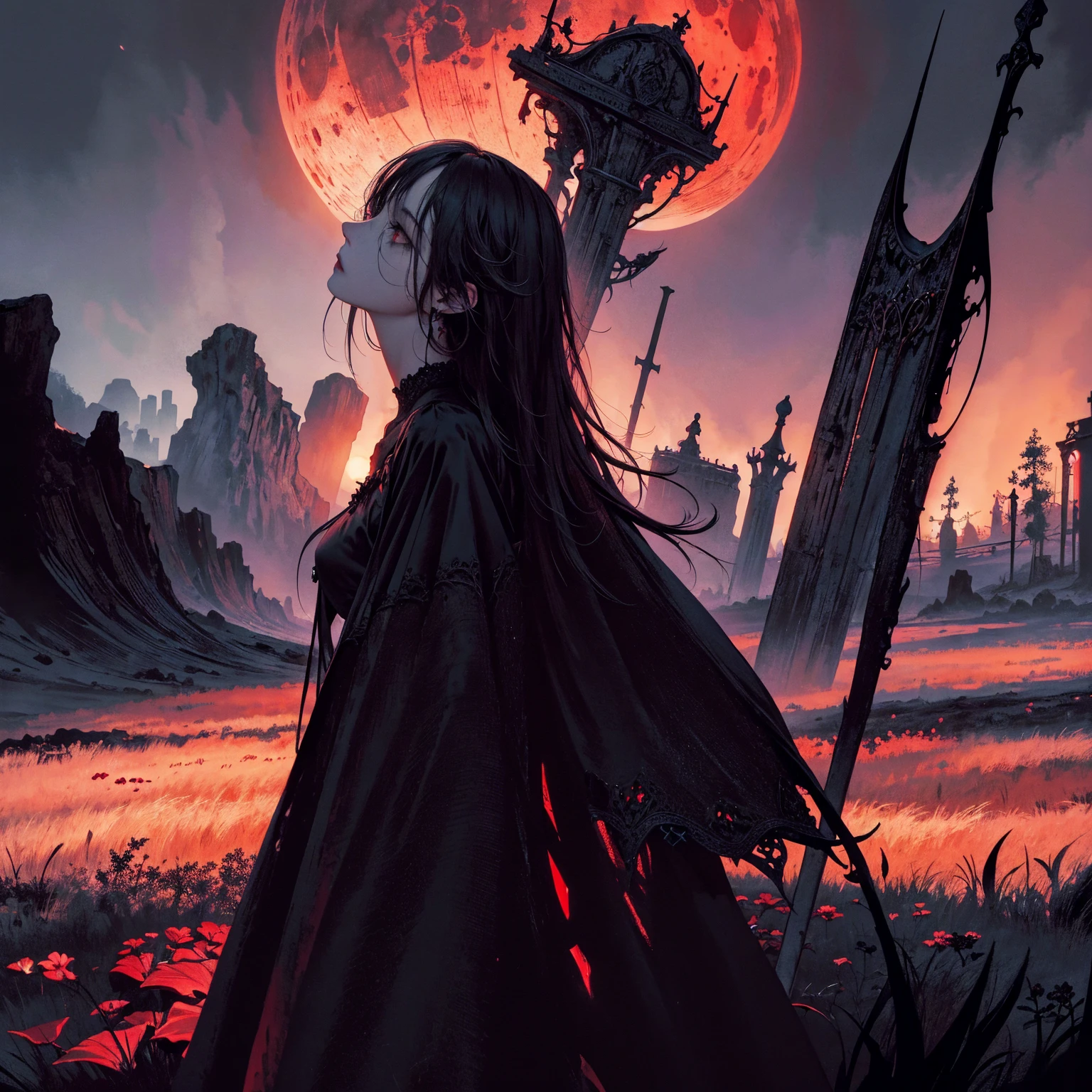 best quality, 4k, high resolution, masterpiece:1.2, Very detailed, actual:1.37, Mood lighting, girl, Crucified, Pitch black sky, Red Moonlight, strange atmosphere, Gothic style, Unforgettable beauty, Dramatic shadows, Ethereal Light, Mysterious atmosphere.