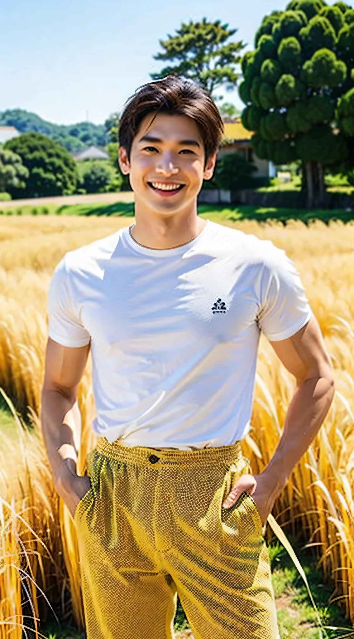 Best Quality, Ultra High Resolution, (Realistic:1.4), Masterpiece, Blurred Background ,Muscle, Solo, 1 Boy, Young , Standing, White Skin, Shirt, Posing, Facial Focus, Smile, Shut Up, (in Golden Rice Paddie)