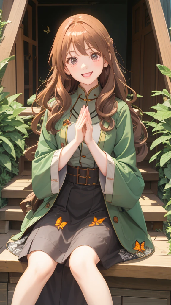Animated girl with long curly light copper hair with light gray eyes of light complexion wearing green coat with black with butterfly design sitting laughing out loud waving