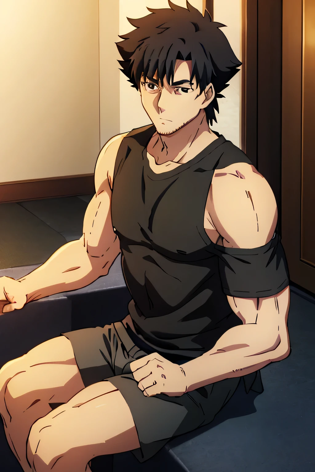 Kiritsugu is sitting and flexing his biceps and abs. He wears black short boxershorts. You can see his thighs. He wears a black tshirt with short sleeves. His right sleeve is completely rolled up so you can see his entire arm and shoulder. He is showing his abs too.
