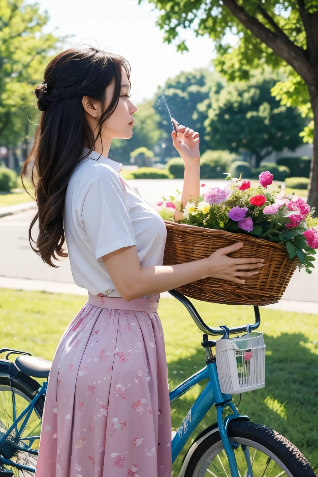 ((best quality)), ((masterpiece)), (detailed), perfect face, woman walking with a 자전거 and 곰인형 in a basket, 🚿🗝📝, biking!!, red bike, resin drainage, 🪔 🎨;🌞🌄, 🤬 🤮 💕 🎀, Photo shoot, on a sunny day, profile image, 👰 🏇 ❌ 🍃, cottagecore!! fitness body, 😭 🤮 💕 🎀, Summer Afternoon, Brown shirt, Pattern H long skirt,