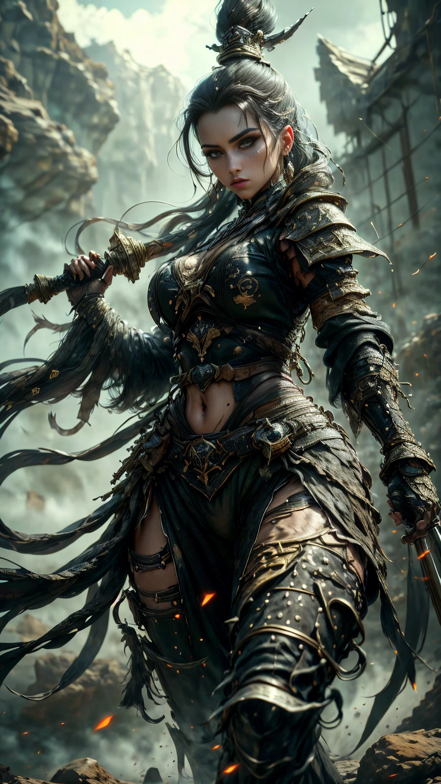 ((cuerpo completo, plano general:1.5)), a majestic, imposing, magical female warrior, war pose, action, detailed face, beautiful eyes, intricate armor, glowing magical energy, cinematic lighting, dramatic colors, fantasy landscape, epic scale, (best quality, 8k, hyper-detailed, photorealistic:1.4), masterpiece, by a concept artist perfecta, (mejor calidad,4k,8K,high resolution,obra maestra:1.2),ultra detallado,(realista,photorealista,photo-realista:1.37),cara muy detallada,rasgos faciales extremadamente detallados,textura de piel hiperrealista,detalles extremadamente finos,detalles intrincados,ojos detallados,Nariz detallada,labios detallados,Expresiones faciales detalladas,intricate facial anatomy,intense lighting,dramatic lighting,lighting change,cinematic lighting,chiaroscuro lighting,dramatic shadows,Dramatic moments,vivid colors,colores intensos,Contraste profundo,cinematic depth of field,cinematographic composition,cinematic camera angle waiting to start