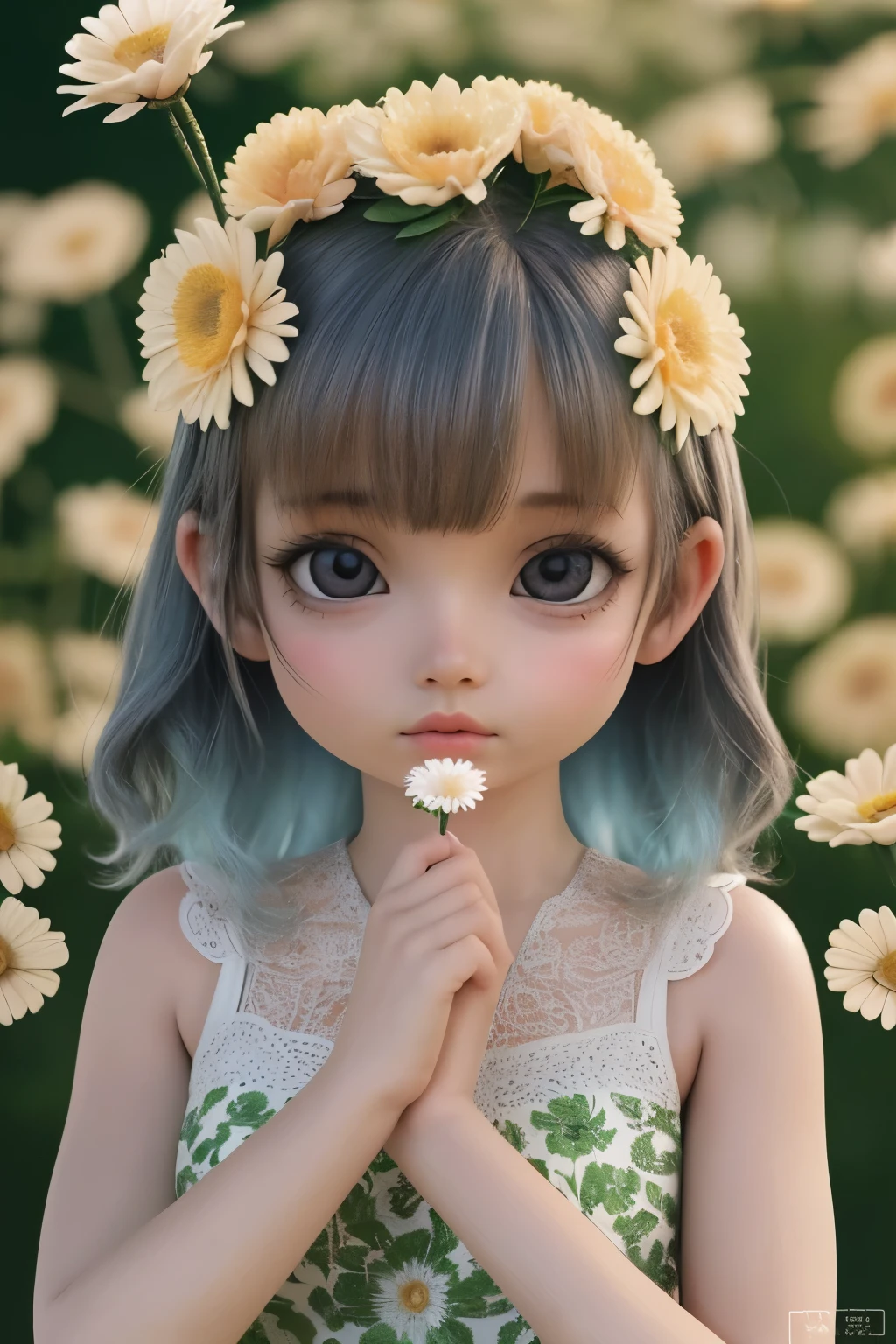 1girl, highly detailed, photorealistic, adorable chibi girl, holding a daisy in her left hand, plucking the petals of the daisy with her right hand, beautiful detailed eyes, beautiful detailed lips, extremely detailed face and hair, intricate floral dress, soft lighting, delicate petals, serene expression, pastoral garden background, vibrant colors, cinematic composition, masterpiece, (best quality,4k,8k,highres,masterpiece:1.2),ultra-detailed,(realistic,photorealistic,photo-realistic:1.37)