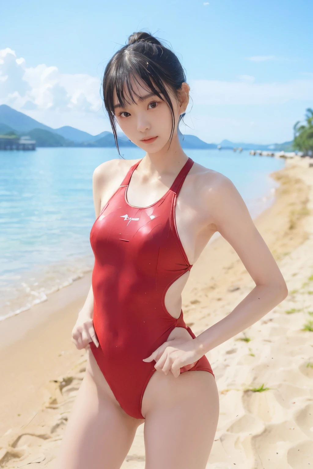 ((A slender Japanese swimmer with a very small bust and slender, 20 years old:1.2)),Short Ponytail,(Super tight racing swimsuit Digitally Printed thin  Lycra Fabric,:1.2), ((Natural light,影のないVery bright sunny beach:1.2)) ,Beautiful appearance,Perfect Face,Detailed face and symmetrical single eyelids,Attractive face, ((カウボーイ shot from the front:1.35,Standing with 腕を組んだ pose from below:1.4)),(((Very small breasts:1.88))),(((Quite muscular and very slender body type:1.7))),Very muscular and slim thighs and legs:1.3,((I can see your armpits:1.3)),(Very short and thin waist:1.35),((Very thin and very short body:1.3)),(Very thin thighs:1.3),(Small Ass:1.3),Delicate belly:1.3