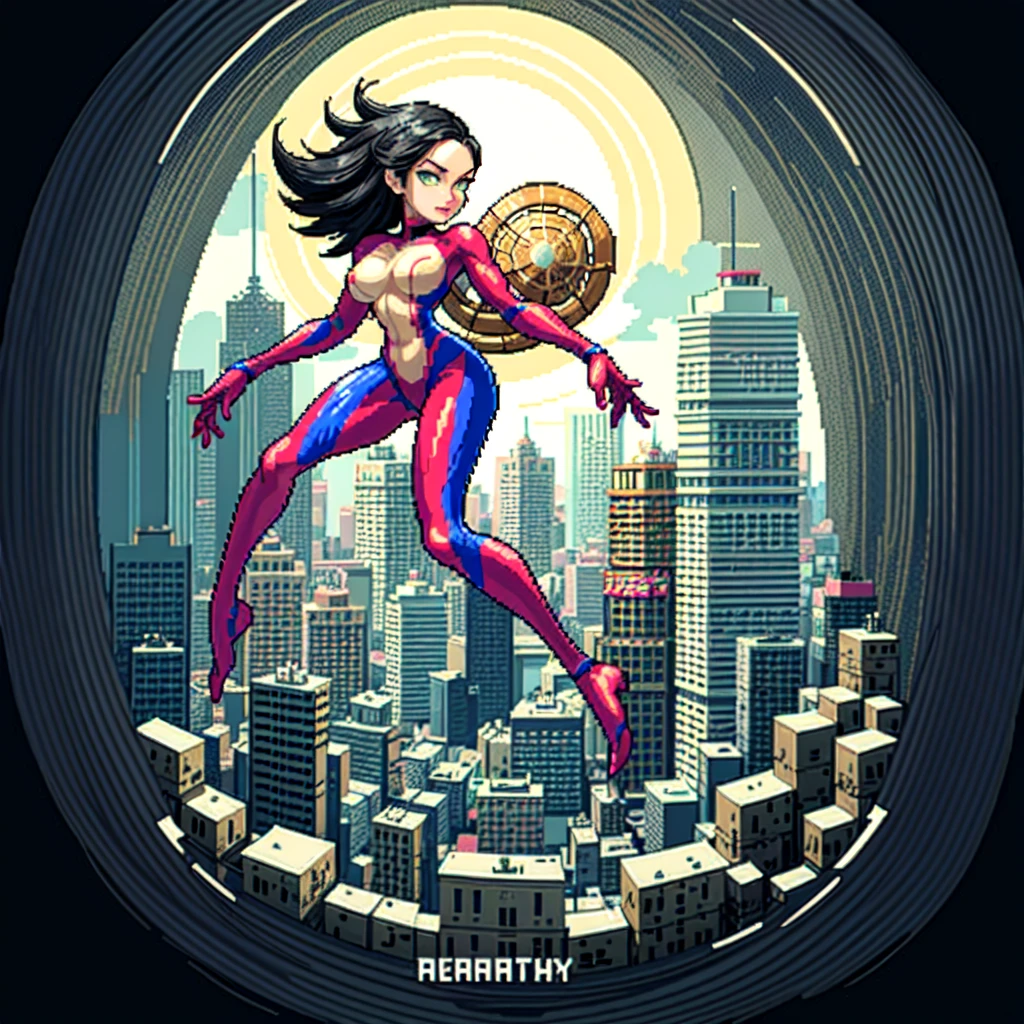 (masterpiece, top quality, best quality), pixel,pixel art,A spiderwomen,city,building,sky,fullbody