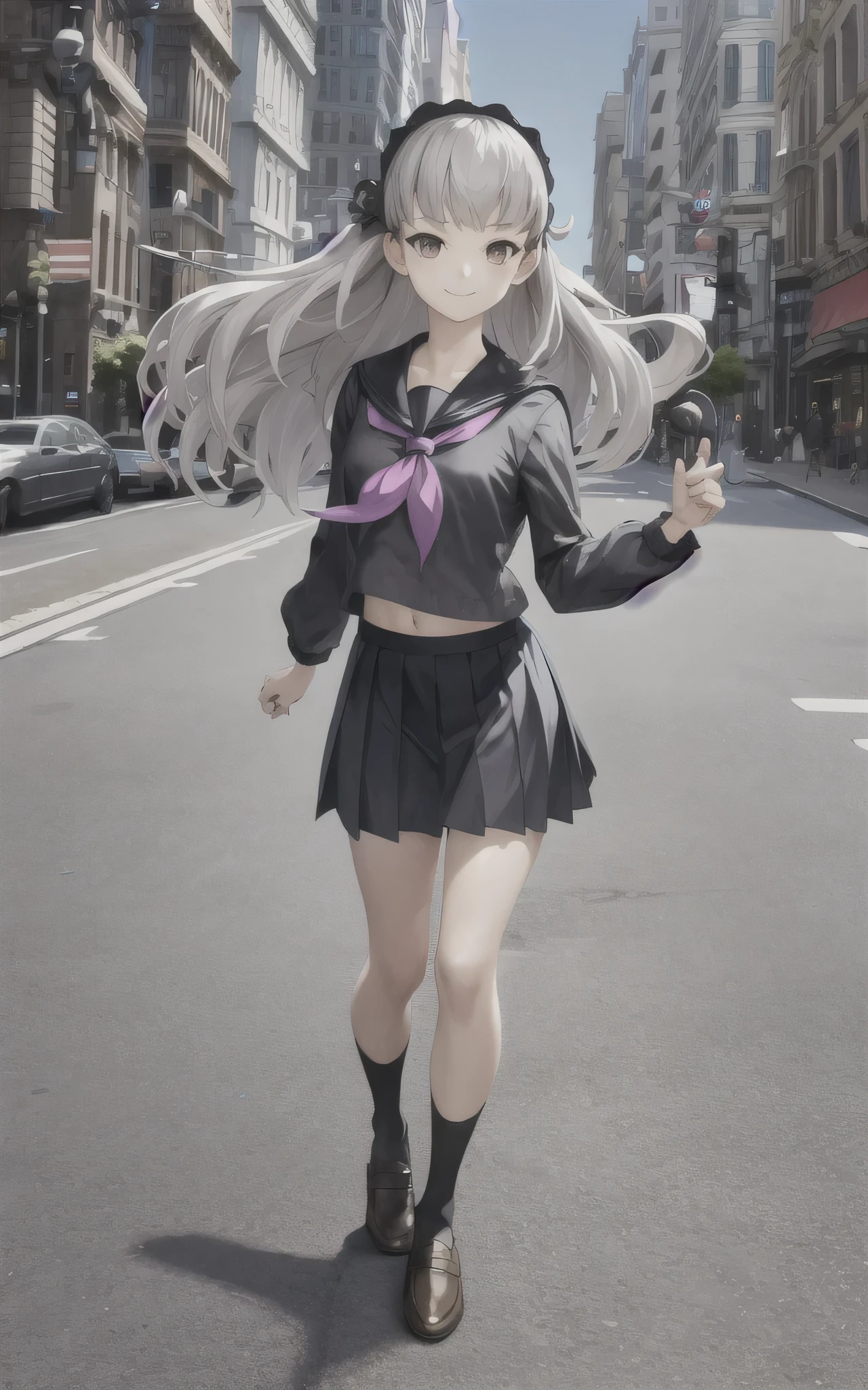 masterpiece, best quality,Iori Fuyusaka 1, 1 woman, alone, hair flower, , headdress, flower, skirt, long hair, socks, serafuku, shoes, knee high, whole body, loafers, pleated skirt, black socks, black skirt, gray hair, white flower, standing, gray eyes, outline, arms back, long sleeves, looking at viewer, black pantyhose, smile, Highly detailed city background