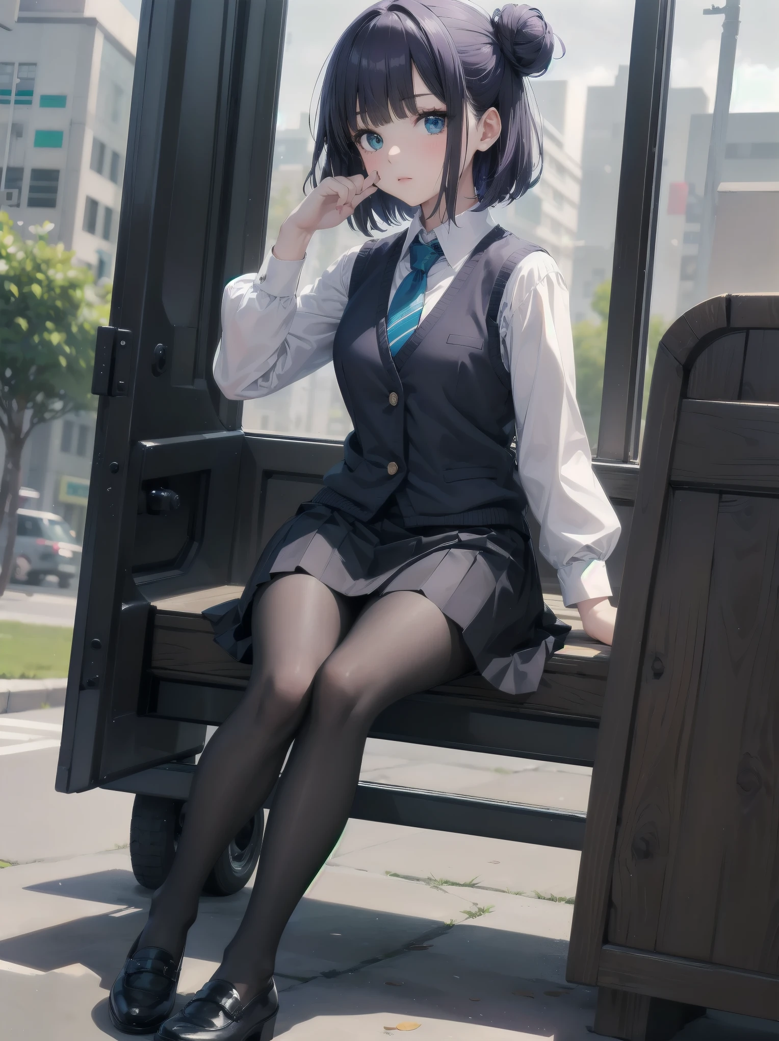 Masterpiece, high quality, high resolution, perfect face, realistic skin texture, young girl, alone, solo, lolita, chibi, feminine fashion, focused gaze, bangs, skirt, long sleeves, uniform, full body, black pantyhose, outdoor, shoes, seraphook, bangs, blurred, stylish skirt, Black pantyhose, hair in a bun, unusual nostalgic view of the world, fine cobblestones, distant background, artistic shading, best illustration of a beautiful woman, resting head, girl making a mocking gesture, movie scene, expressive actor
Blake.
akane kurokawa, 1girl, short hair, blue hair, green eyes, black hair, medium hair, white shirt, collared shirt, , vest, white shirt, sweater vest, black vest, blue necktie, one-length bob, create bangs, add some lightness to the area around the face, and leave the ends of the hair thick throughout. dark blue-purple hair, blue eyes,anime,girl,