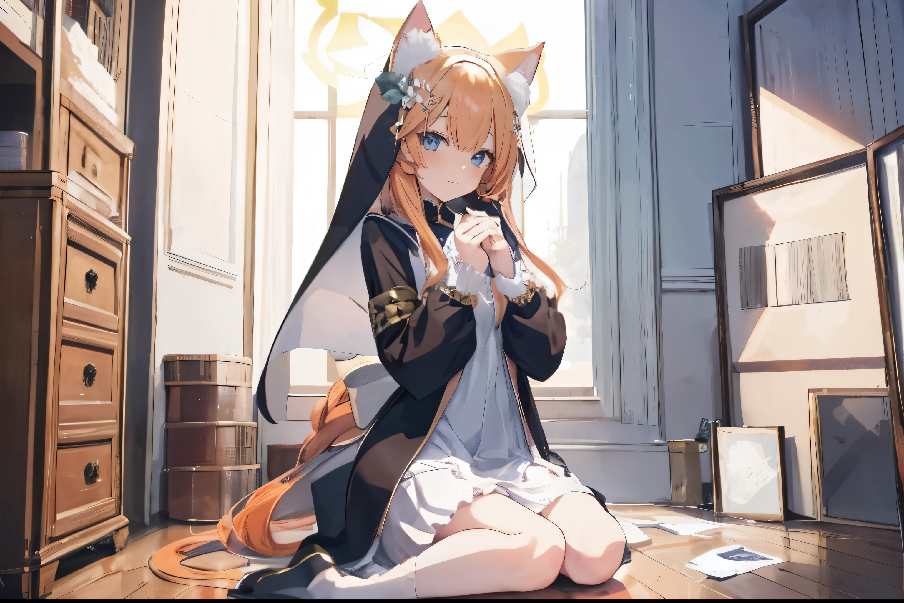 Marie、masterpiece、Best image quality、最high quality、One Girl、 ( Perfect Face), independent , Looking into the camera, masterpiece, Anime art style, Cute Characters, full BODY、Most detailed, high quality、Shiny Hair、Panic look、Very fine and beautiful bright eyes、Very detailed, clear and beautiful face, Awards, Anatomically correct、Cat ear、Orange Hair、It must be detailed enough to be easily identifiable.、ta、Small breasts、uniform、Hooded