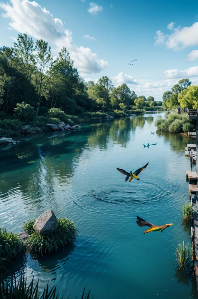 Two birds flying over the water, There are low-flying parrots by the river, Nature documentary stills, Underwater sparkling river, Fish swim, Green Water, Shallow waters, Shallow water, Sharks emerge from the lake, Bat ink painting, Sparkling in the flowing creek, Nature documentary stills, see Fish swim, In the pond