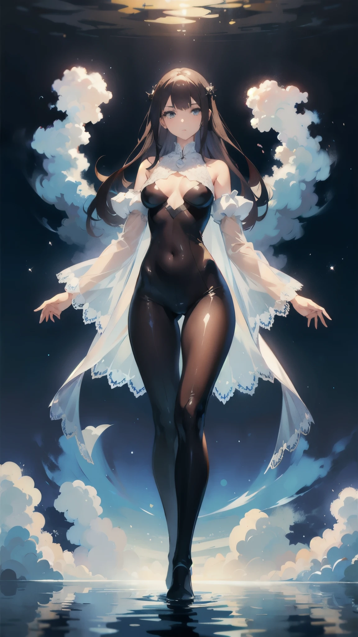 Masterpiece, a beautiful void goddess, full body white transparent clothes standing under empty night stars, disappearing transparent pants, full body standing, tall figure, slender legs, facial details, detailed body part details, 8k wallpaper