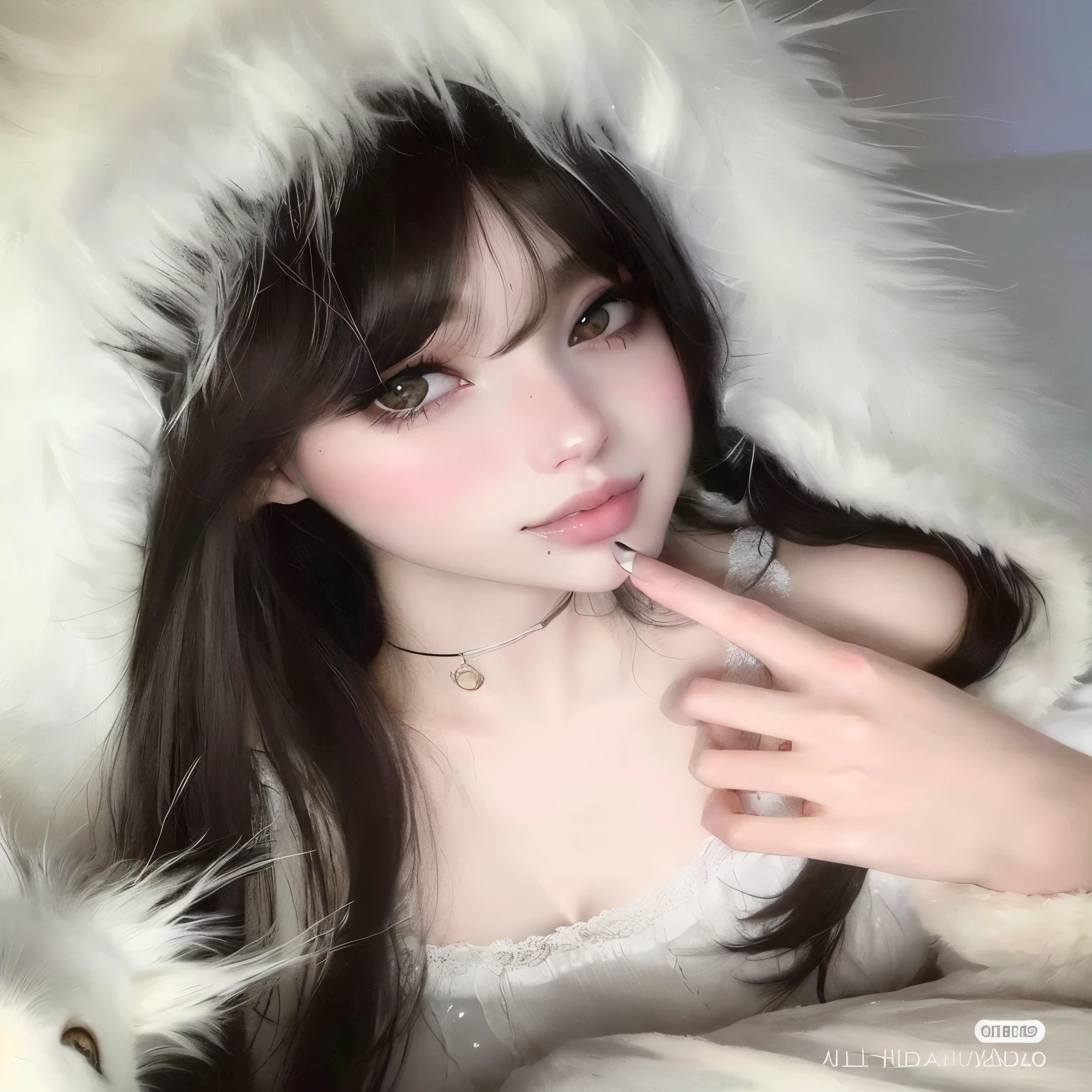 Chica araffe con pelo largo y negro con un abrigo de piel blanco., muy hermosa linda catgirl, dulce conejita ultrarrealista, linda cara de anime natural, pale, snow-white skin, ulzzang, con pelo largo y ojos penetrantes, linda chica kawaii, chica linda-cara-fina, chica anime en la vida real, anime chica tailandesa, bella delfina