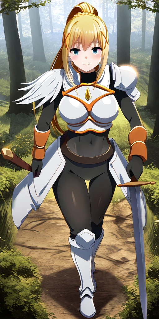 A woman wearing tight black clothing, white armor with orange details, blonde hair, ponytail hair, blue eyes, smiling, holding a medieval sword, walking in a fantasy forest, full body, stereogram, tachi-e, point of view, atmospheric perspective, 8k, super detail, accurate, best quality, award-winning, textured skin, high resolution, anatomically correct, bokeh effect, ((woman solo)